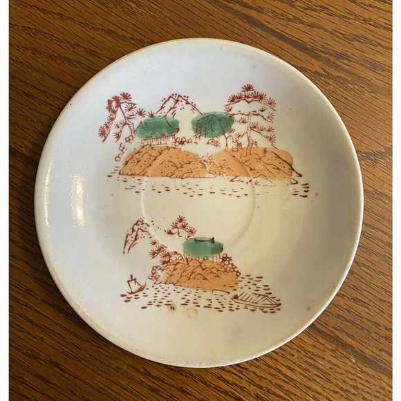 Vintage 1940s WW2 Japanese Glazed Ceramic Dish Stamped Painted Mountain Scene - Picture 1 of 7